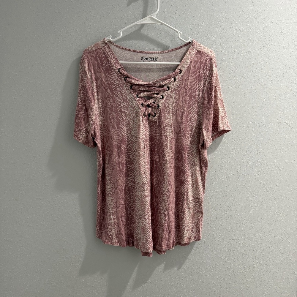 Mudd Women's Pink Snakeskin Print Short Sleeve Lace Up Blouse Top Size XLarge